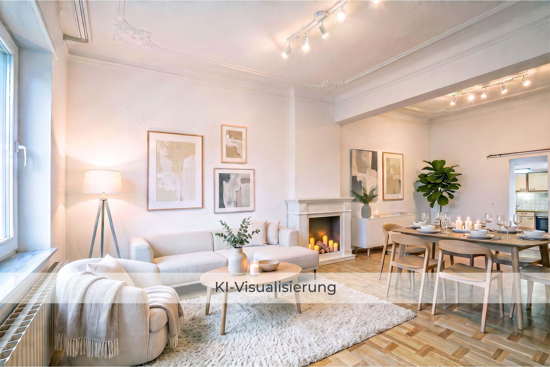 Die Visualisierung zeigt das Wohn- und Esszimmer mit Zierkamin nach einer möglichen Renovierung bzw. Modernisierung und vermittelt einen Eindruck des gestalterischen Potenzials.  Reihenmittelhaus Kerpen