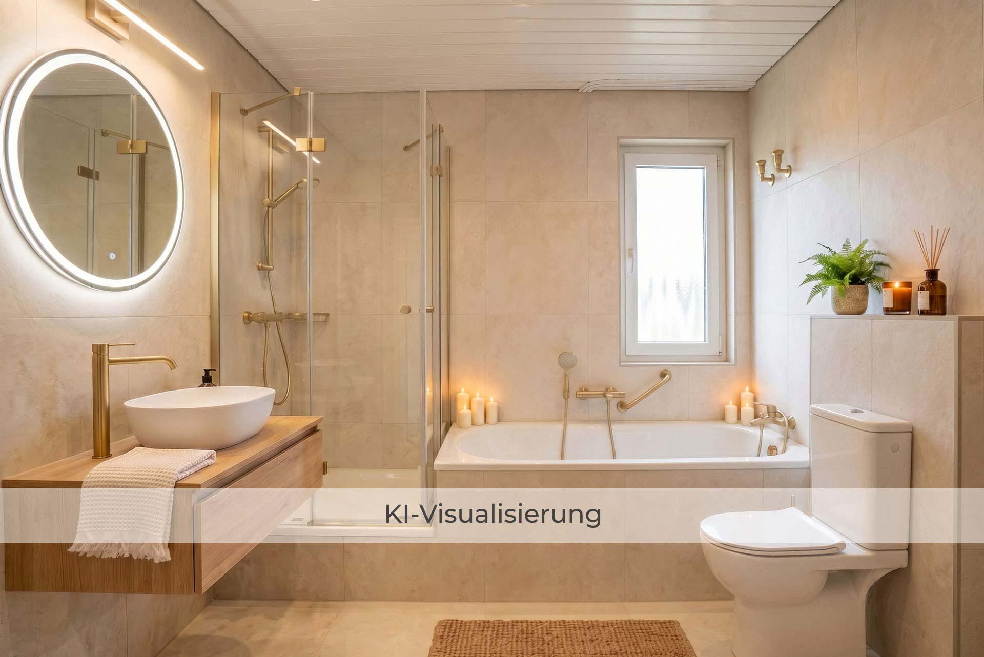 Die Visualisierung zeigt das Badezimmer nach einer möglichen Renovierung bzw. Modernisierung und vermittelt einen Eindruck des gestalterischen Potenzials.  Doppelhaushälfte Bergheim