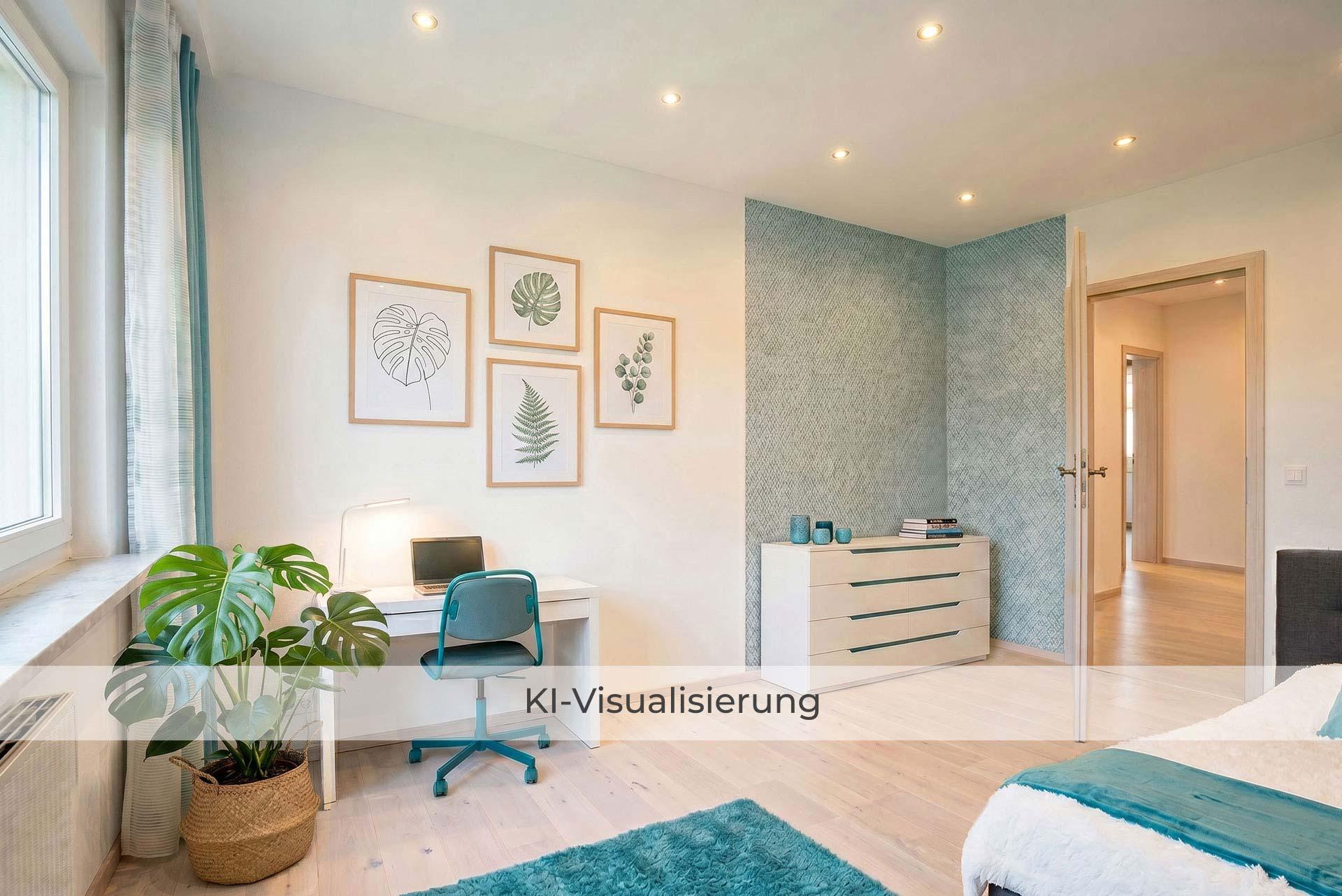 Die Visualisierung zeigt das zur Gartenseite gelegene Kinderzimmer nach einer möglichen Renovierung bzw. Modernisierung und vermittelt einen Eindruck des gestalterischen Potenzials.  Doppelhaushälfte Bergheim