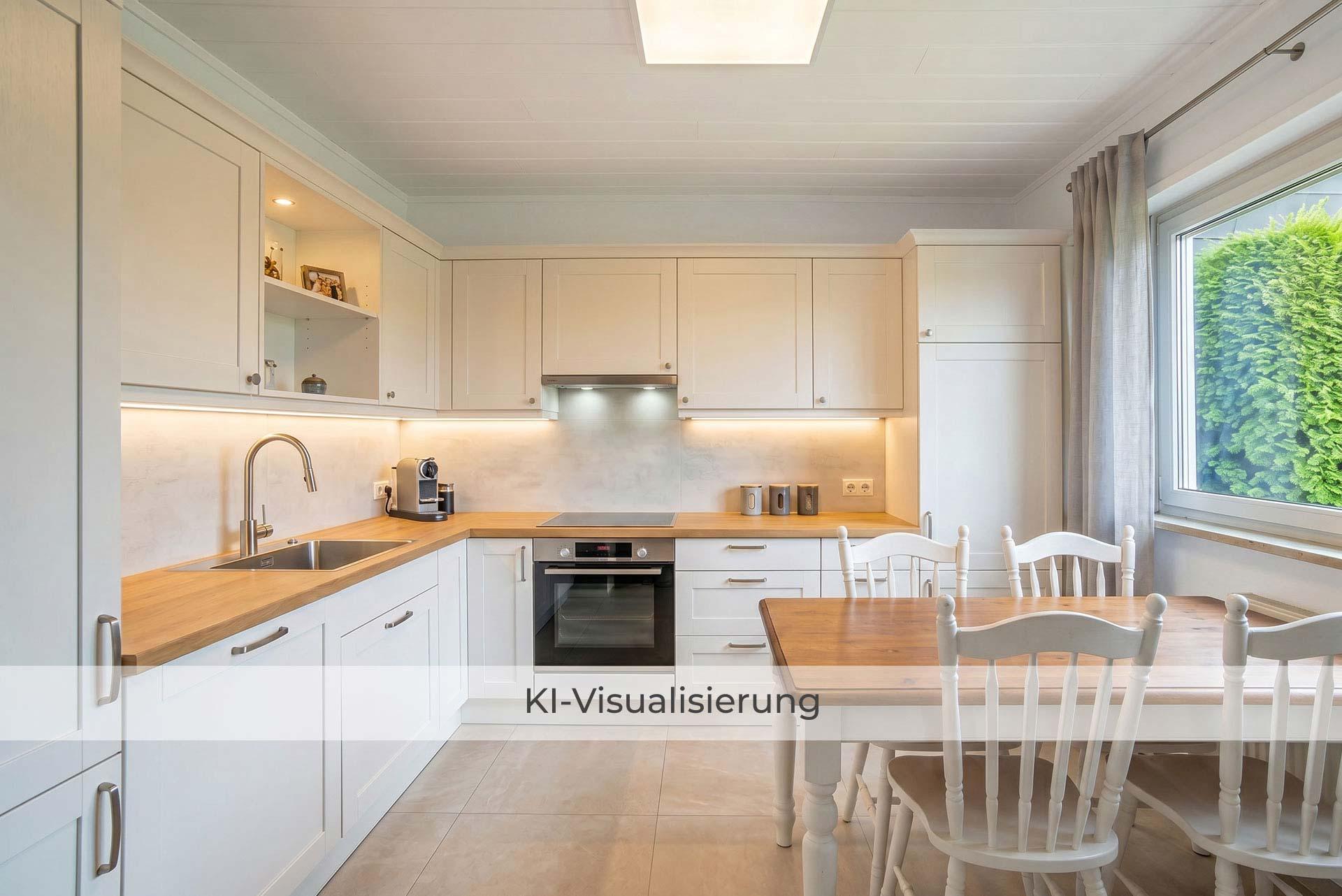 Die Visualisierung zeigt die Küche nach einer möglichen Renovierung bzw. Modernisierung und vermittelt einen Eindruck des gestalterischen Potenzials.  Doppelhaushälfte Bergheim