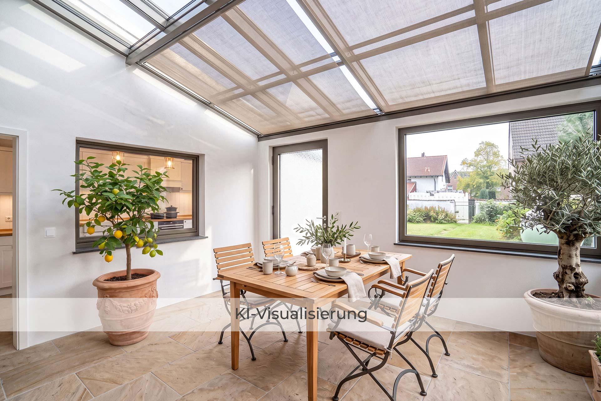 Die Visualisierung zeigt die überdachte Terrasse nach einer möglichen Renovierung bzw. Modernisierung und vermittelt einen Eindruck des gestalterischen Potenzials.  Reihenmittelhaus Kerpen