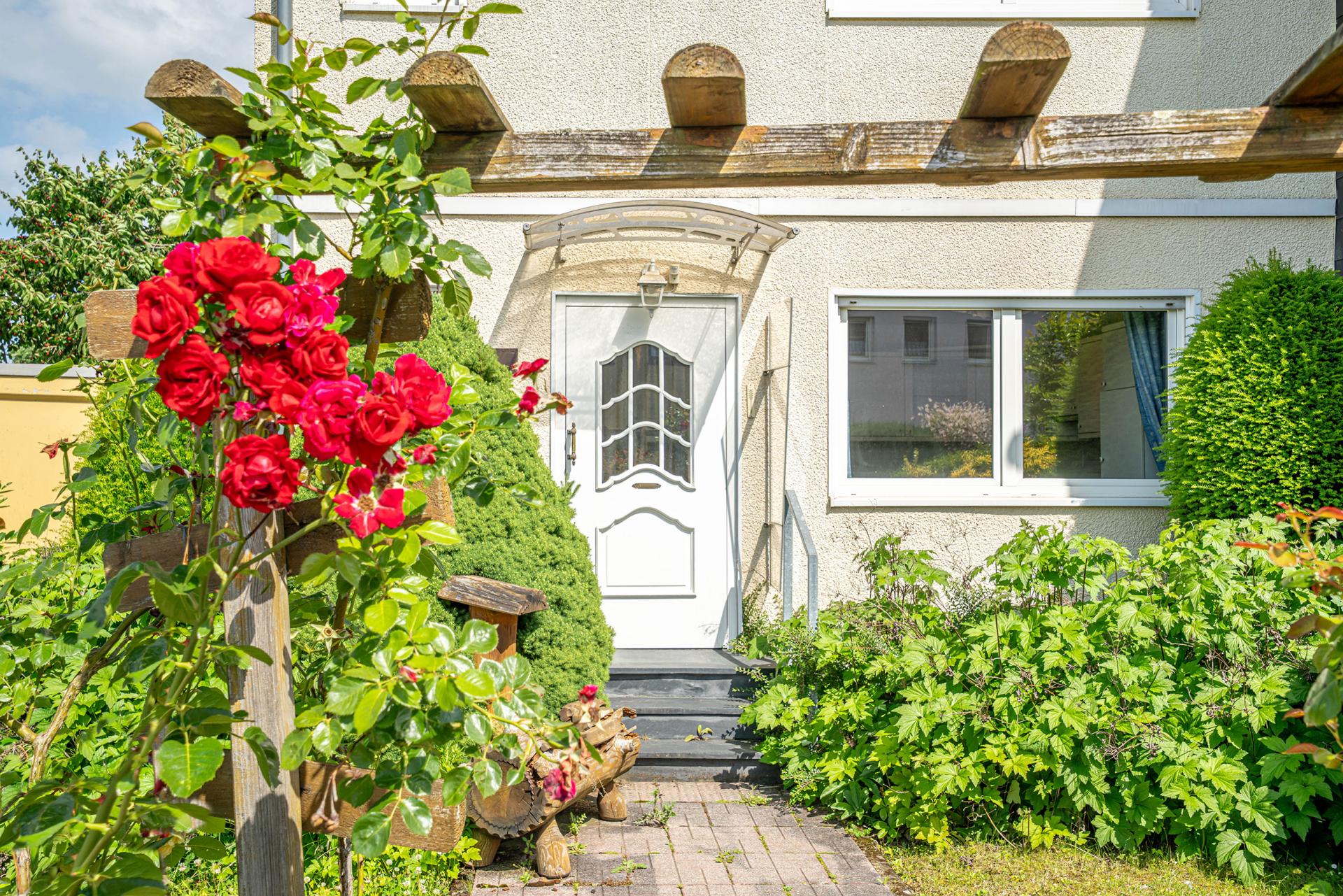 Der Vorgarten mit Rosenspalier und Hauseingang. Doppelhaushälfte Bergheim